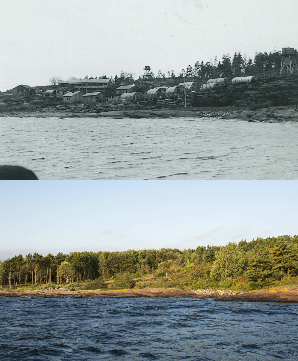 FØR OG NÅ: Leiren for de sovjetiske krigsfangene fotografert av Milorg på vei til å åpne leiren 9. mai 1945 og slik området er i dag. FØR OG NÅ: Leiren for de sovjetiske krigsfangene fotografert av Milorg på vei til å åpne leiren 9. mai 1945 og slik området er i dag.
