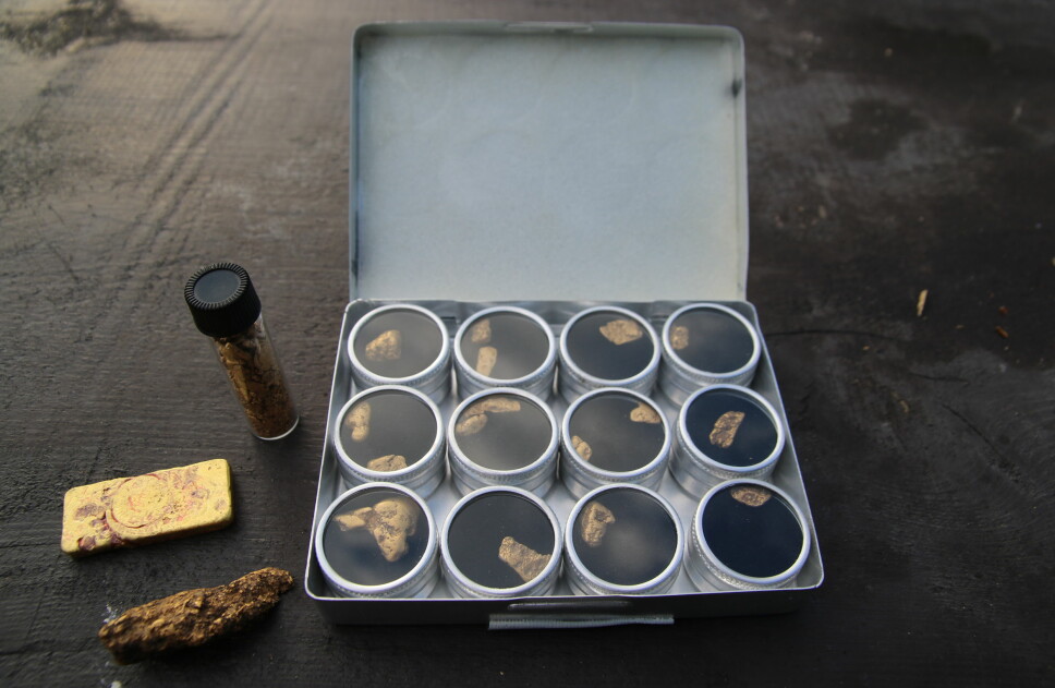 <b>NUGGET:</b> Gullklumper over ett gram kalles for «nuggets». Gullbaren til venstre veier 100 gram, og er av smeltet sammen av mindre gullkorn. <b>NUGGET:</b> Gullklumper over ett gram kalles for «nuggets». Gullbaren til venstre veier 100 gram, og er av smeltet sammen av mindre gullkorn.