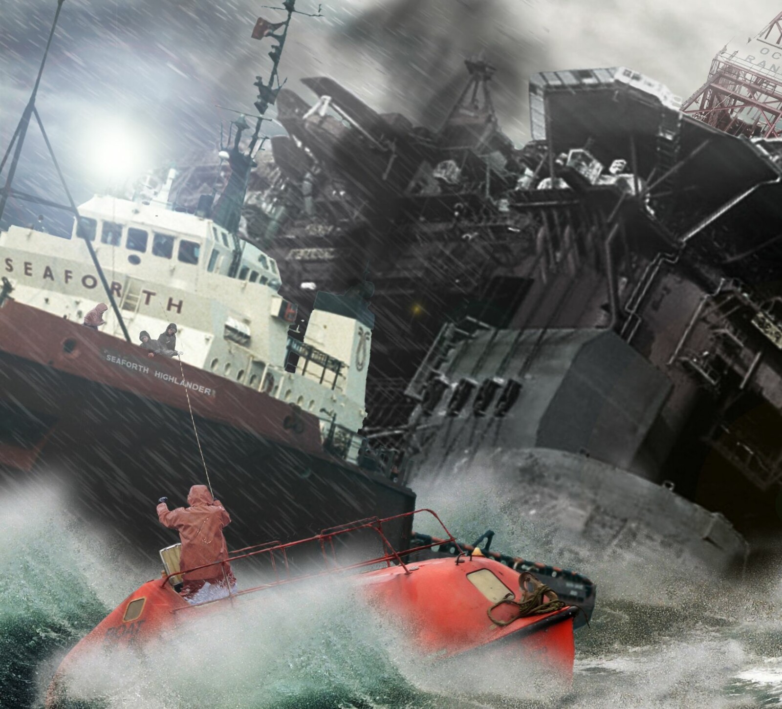 <b>KJEMPET:</b> Mannskapet på supplyskipet Seaforth Higlander forsøker å redde mannskap fra livbåten de satt i. <b>KJEMPET:</b> Mannskapet på supplyskipet Seaforth Higlander forsøker å redde mannskap fra livbåten de satt i.