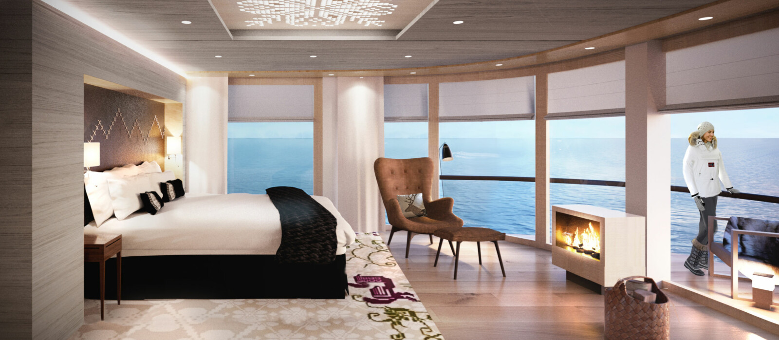 <b>SUITE:</b> Suitene om bord vil ha balkong og egen utendørs jacuzzi. Bildet viser Expedition XL-suite, som er en ekstra stor hjørnesuite med egen balkong. <b>SUITE:</b> Suitene om bord vil ha balkong og egen utendørs jacuzzi. Bildet viser Expedition XL-suite, som er en ekstra stor hjørnesuite med egen balkong.