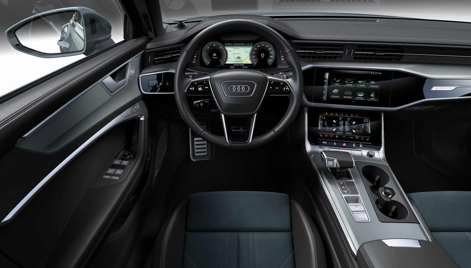 DIGITALT: Nye A6 allroad har det samme infotainmentutvalget som søstermodellene A6 og A7. Det heldigitale touchbaserte systemet har to skjermer. Den øvre er til infotainment, mens den nedre styrer klimakontroll, komfortfunksjoner og tekstbasert input (håndskriftgjenkjenning). Heldigvis er egen volumknapp fortsatt med. DIGITALT: Nye A6 allroad har det samme infotainmentutvalget som søstermodellene A6 og A7. Det heldigitale touchbaserte systemet har to skjermer. Den øvre er til infotainment, mens den nedre styrer klimakontroll, komfortfunksjoner og tekstbasert input (håndskriftgjenkjenning). Heldigvis er egen volumknapp fortsatt med.