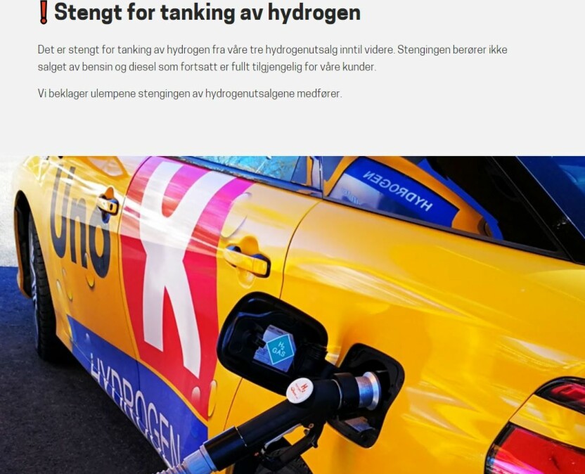 <b>STENGT:</b> Uno-X har stengt alle sine tre hydrogenstasjoner i Norge. <b>STENGT:</b> Uno-X har stengt alle sine tre hydrogenstasjoner i Norge.