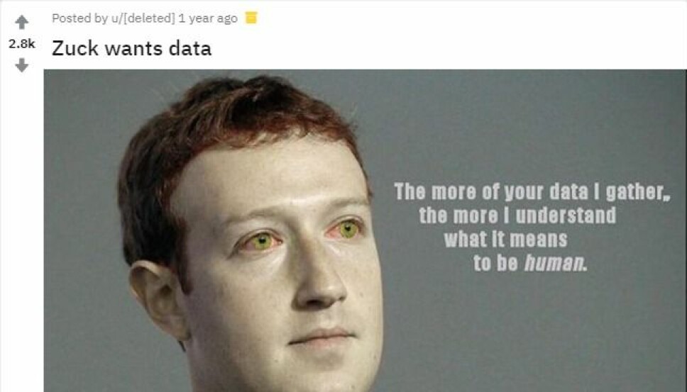 <b>MENNESKE:</b> Et eksempel på et Zuckerberg-meme, hentet fra Reddit. Nettstedet har en egen underkategori kalt «Zuckmemes» <b>MENNESKE:</b> Et eksempel på et Zuckerberg-meme, hentet fra Reddit. Nettstedet har en egen underkategori kalt «Zuckmemes»