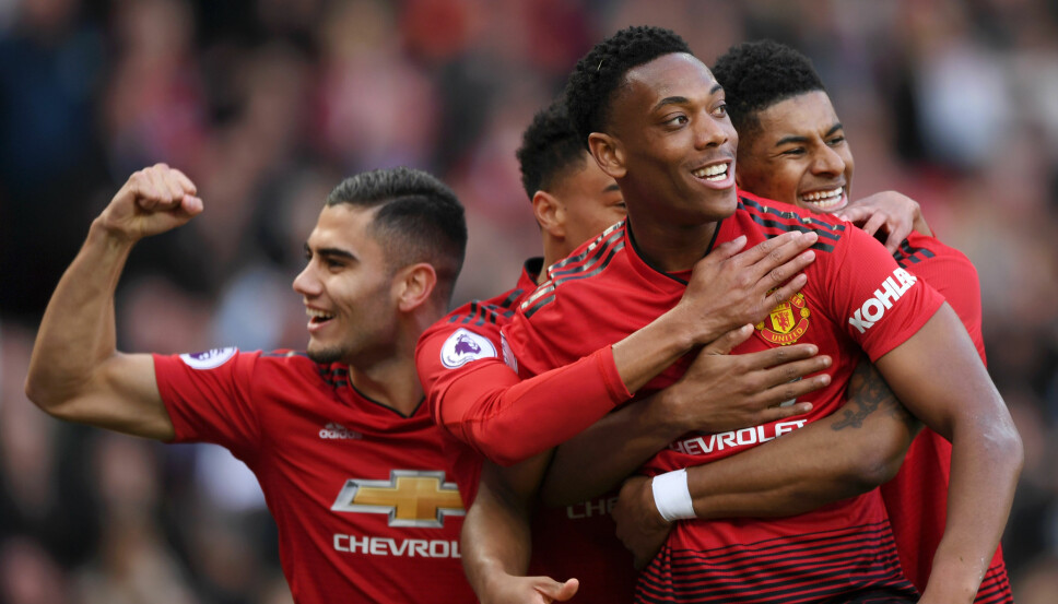 <b>MANCHESTER UNITED:</b> Antony Martial (foran), Andreas Pereira (v) og Marcus Rashford. <b>MANCHESTER UNITED:</b> Antony Martial (foran), Andreas Pereira (v) og Marcus Rashford.