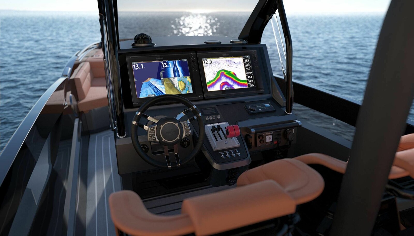 <b>MULTIFUNKSJON:</b>
To 40-centimeters Evo 3 berøringsskjermer fra Simrad. <b>MULTIFUNKSJON:</b>
To 40-centimeters Evo 3 berøringsskjermer fra Simrad.